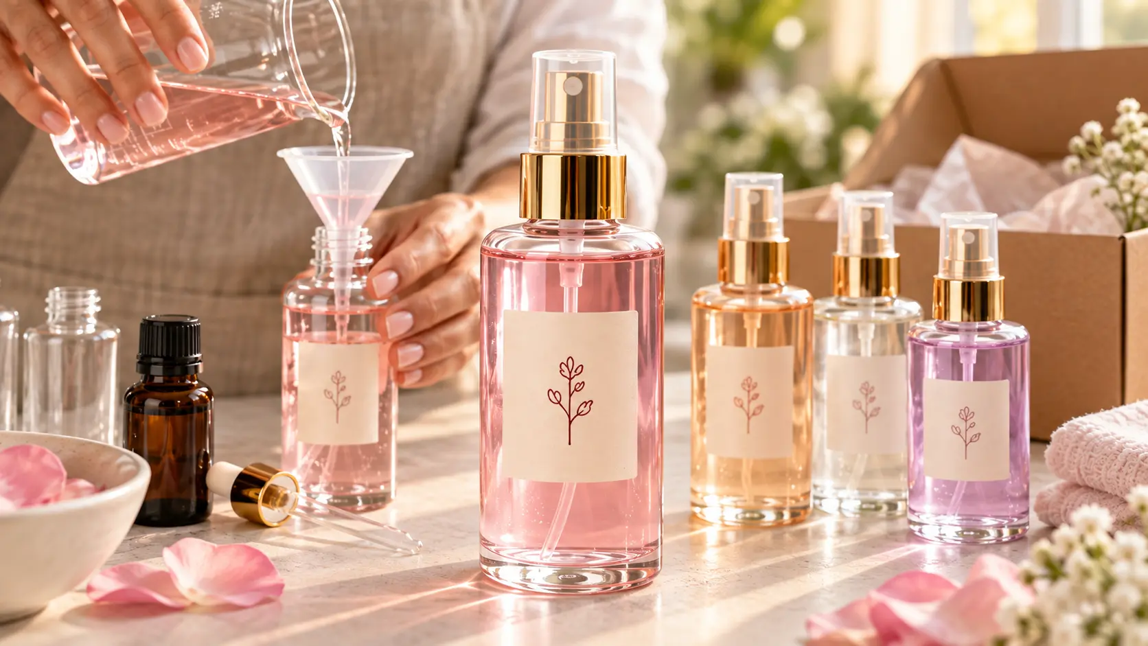 Mãos preparando body splash caseiro em frascos cor-de-rosa, dourados e lilás